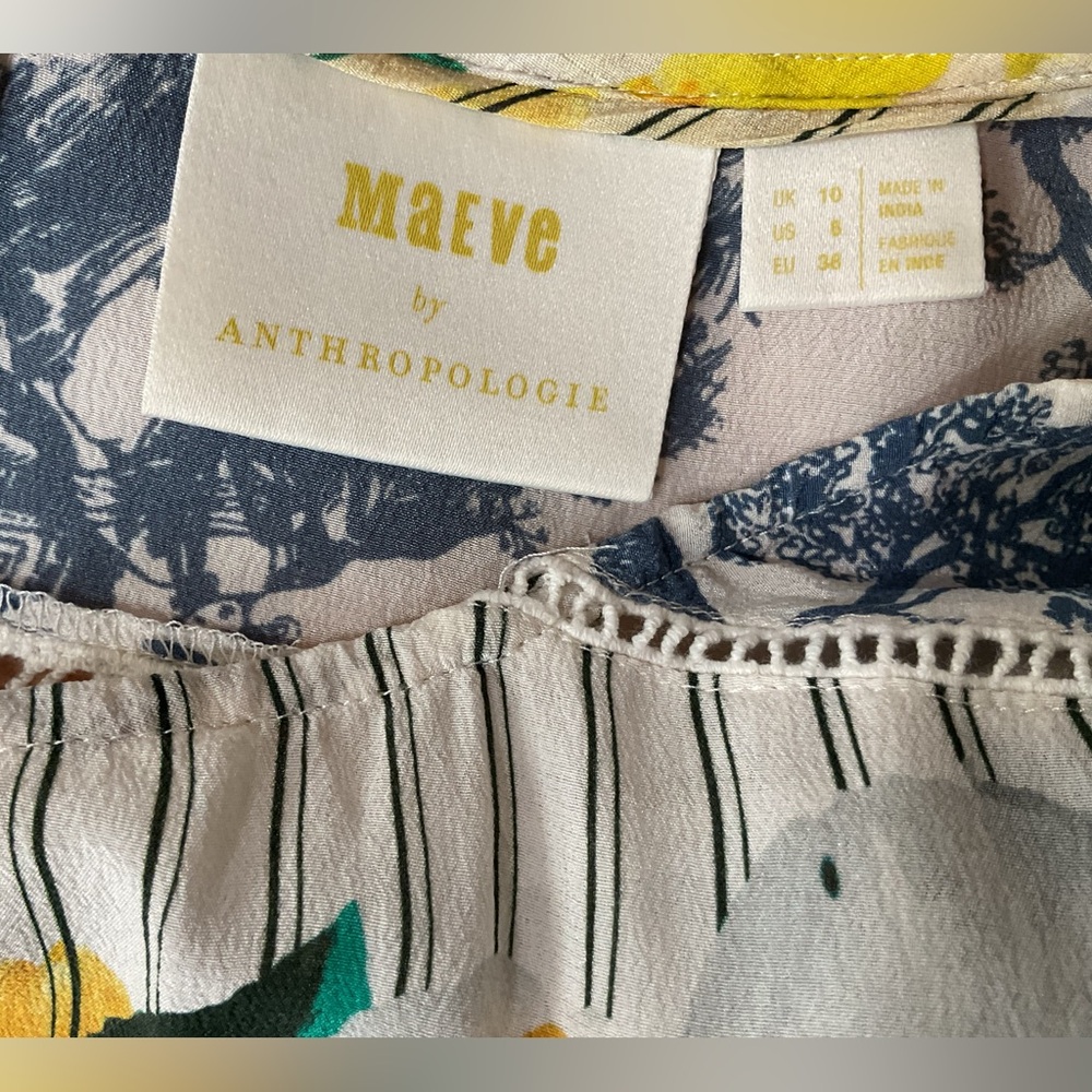 Anthropologie Maeve Silk Pinstripe Floral Toile Short Sleeve Top Size 8 - Picture 4 of 7